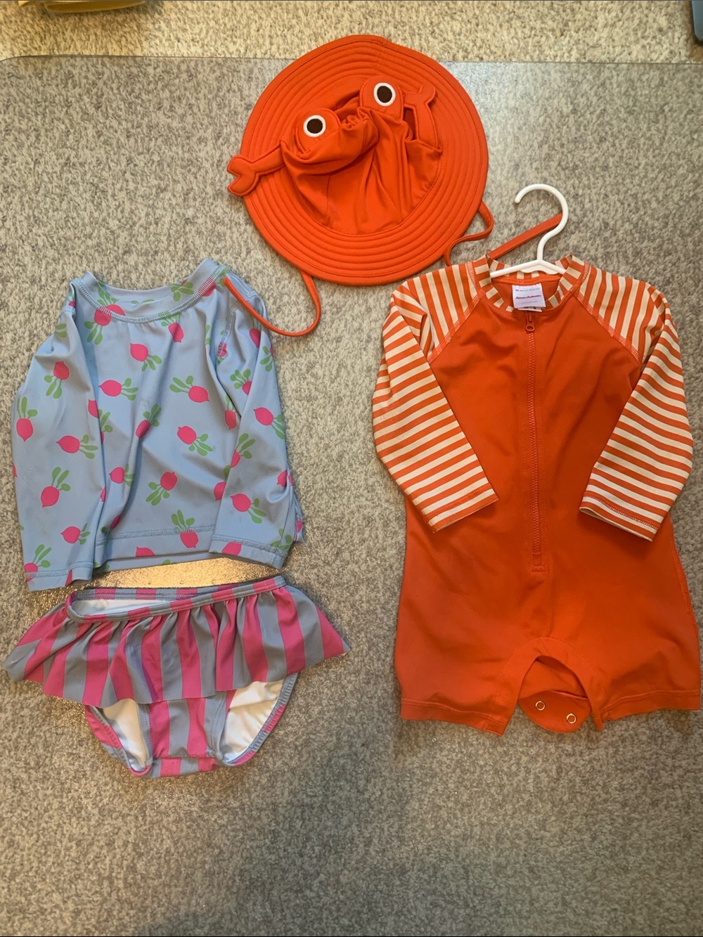 Hanna Andersson Crab hat matching swimsuit, Raddish swimsuit, 18-24 mo